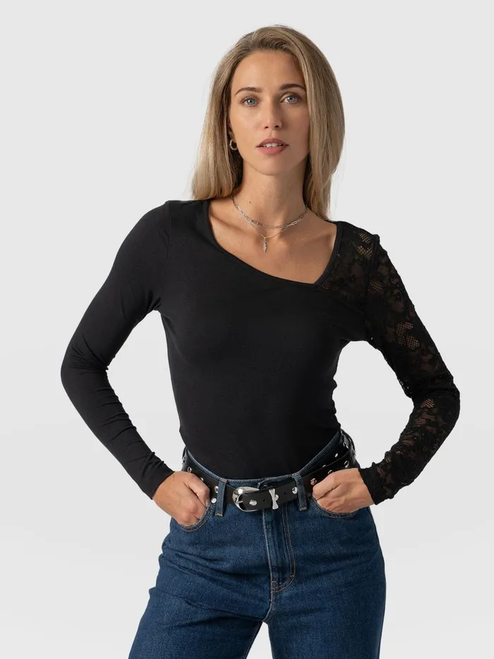 Aimee Cut Out Long Sleeve Tee 8211 Black Lace Black Lace Women Saint And Sofia TShirts and Tanks Aimee Cut Out Long Sleeve Tee 8211 Black Lace Black Lace Women Saint And Sofia TShirts and Tanks
