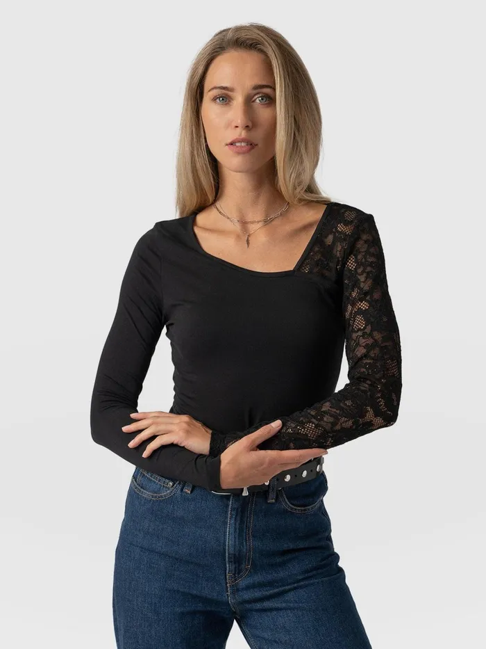 Aimee Cut Out Long Sleeve Tee 8211 Black Lace Black Lace Women Saint And Sofia TShirts and Tanks