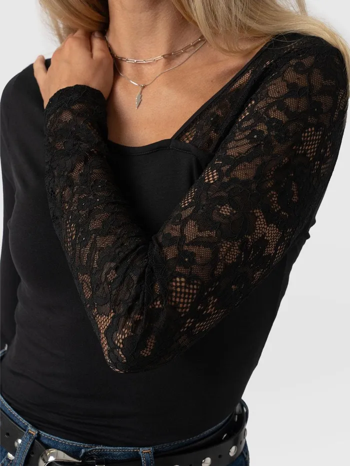 Aimee Cut Out Long Sleeve Tee 8211 Black Lace Black Lace Women Saint And Sofia TShirts and Tanks