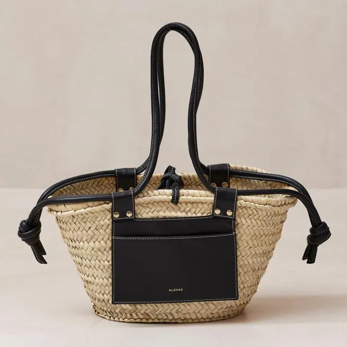 ALOHAS Bags Women Panier 8211 Raffia Handbag With Black Leather Details