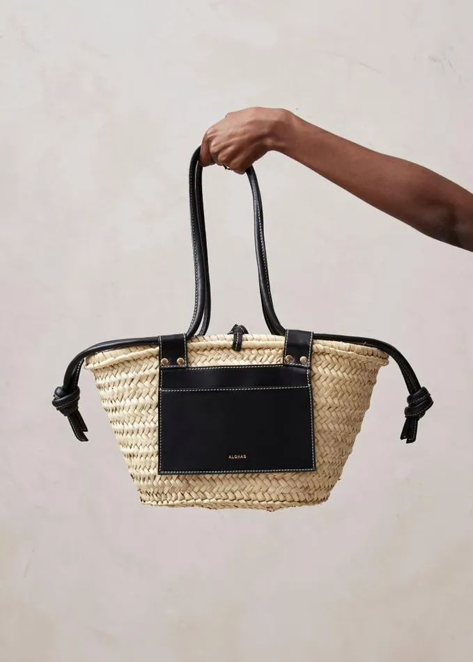 ALOHAS Bags Women Panier 8211 Raffia Handbag With Black Leather Details