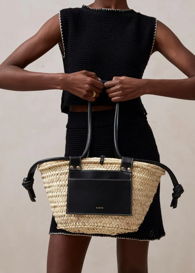 ALOHAS Bags Women Panier 8211 Raffia Handbag With Black Leather Details