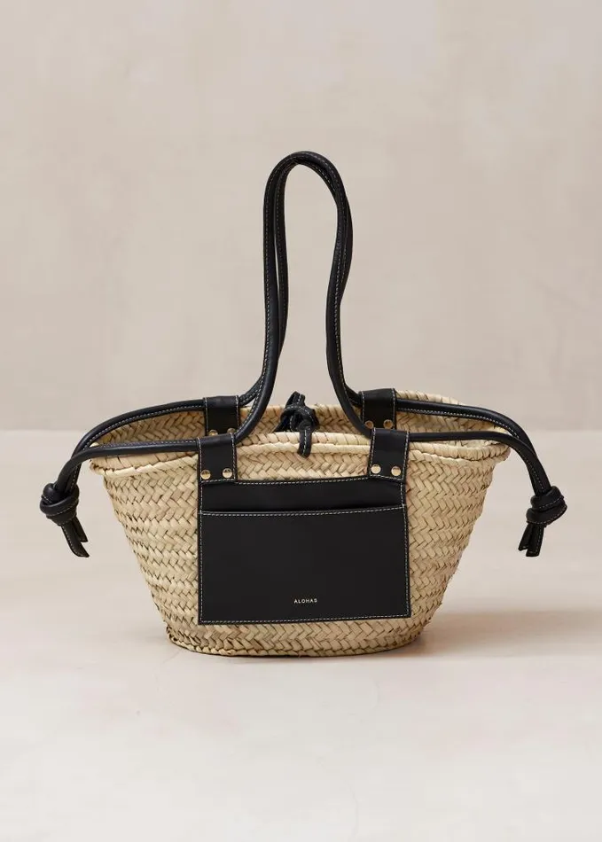 ALOHAS Bags Women Panier 8211 Raffia Handbag With Black Leather Details