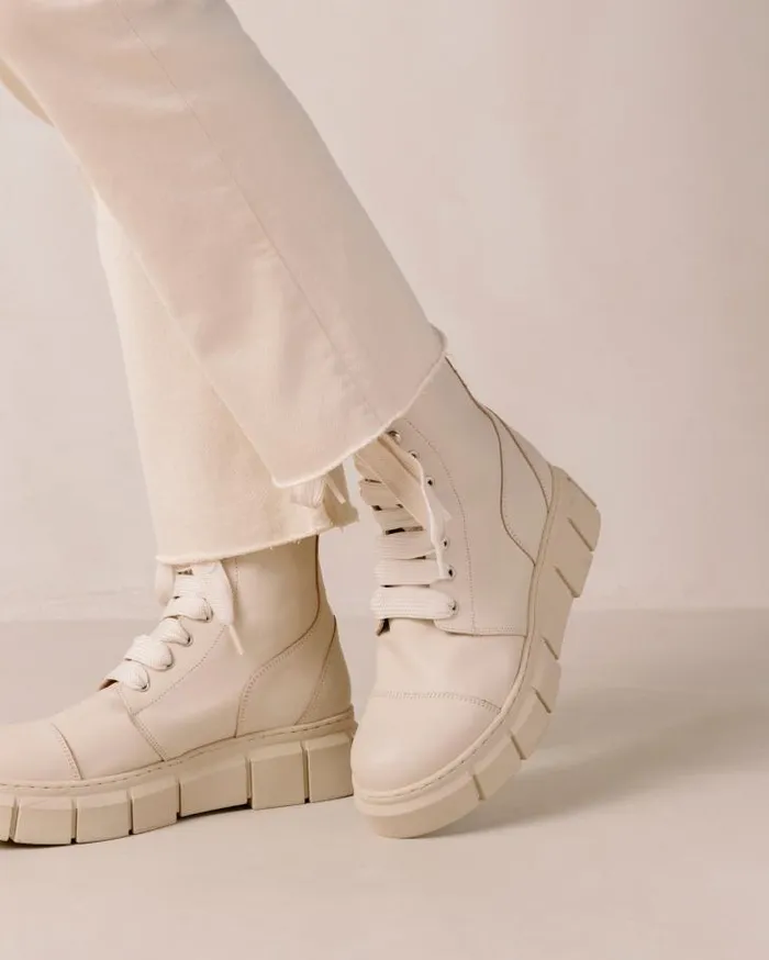 ALOHAS Boots Women Can Can 8211 Beige Leather Combat Boots