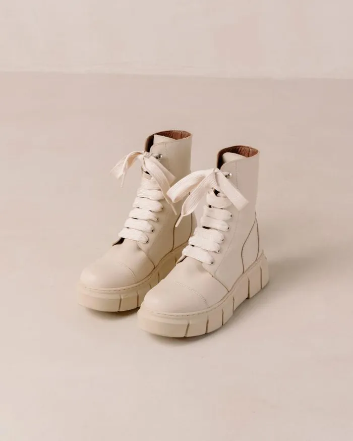 ALOHAS Boots Women Can Can 8211 Beige Leather Combat Boots