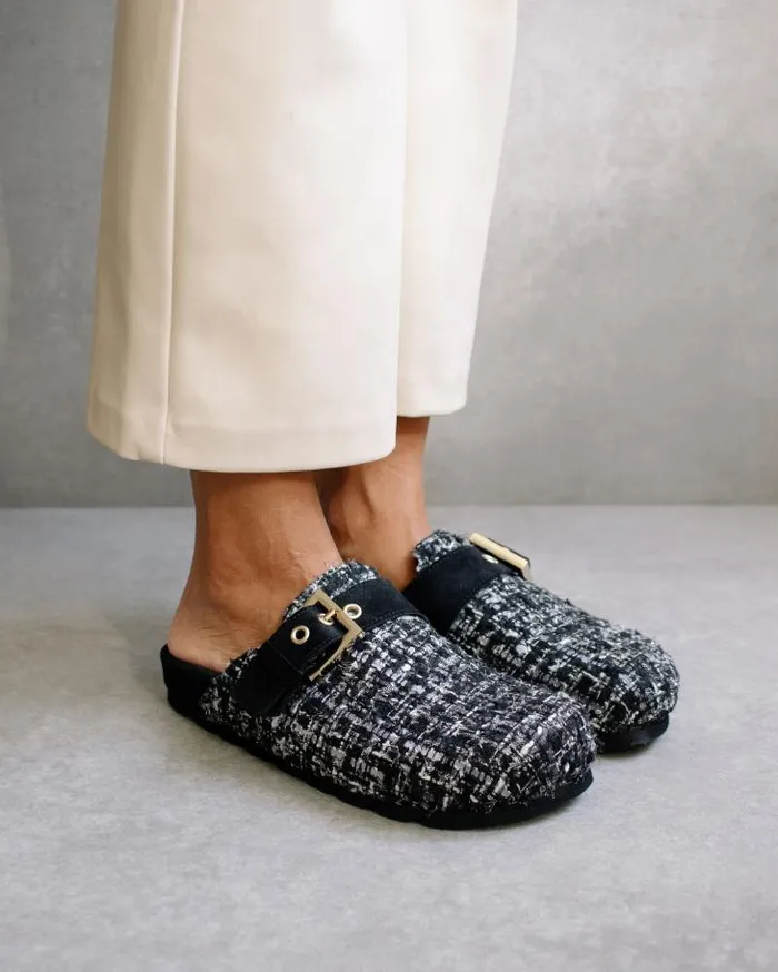 ALOHAS Clogs Women Cozy Tweed 8211 Black Leather Clogs