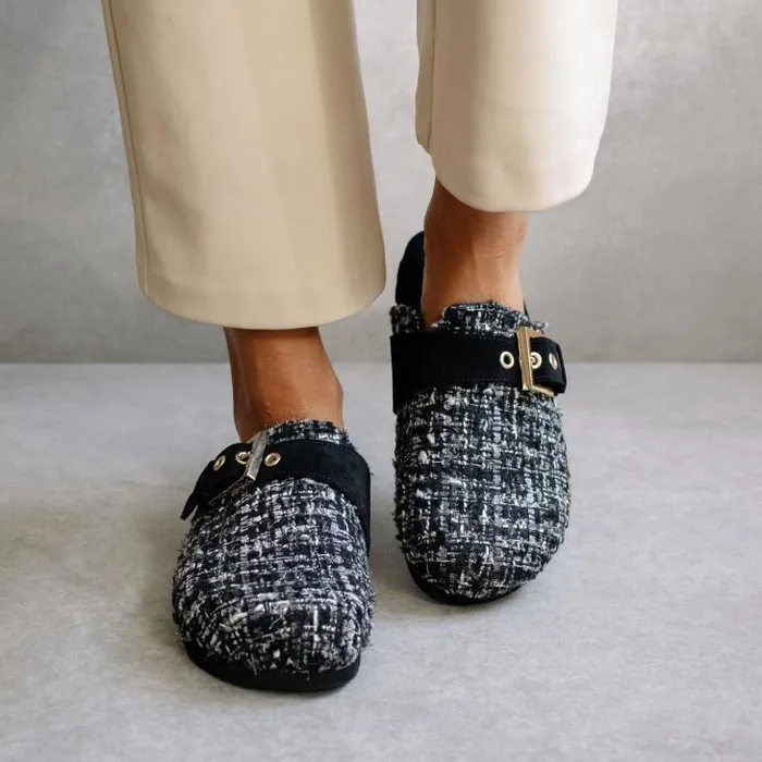 ALOHAS Clogs Women Cozy Tweed 8211 Black Leather Clogs