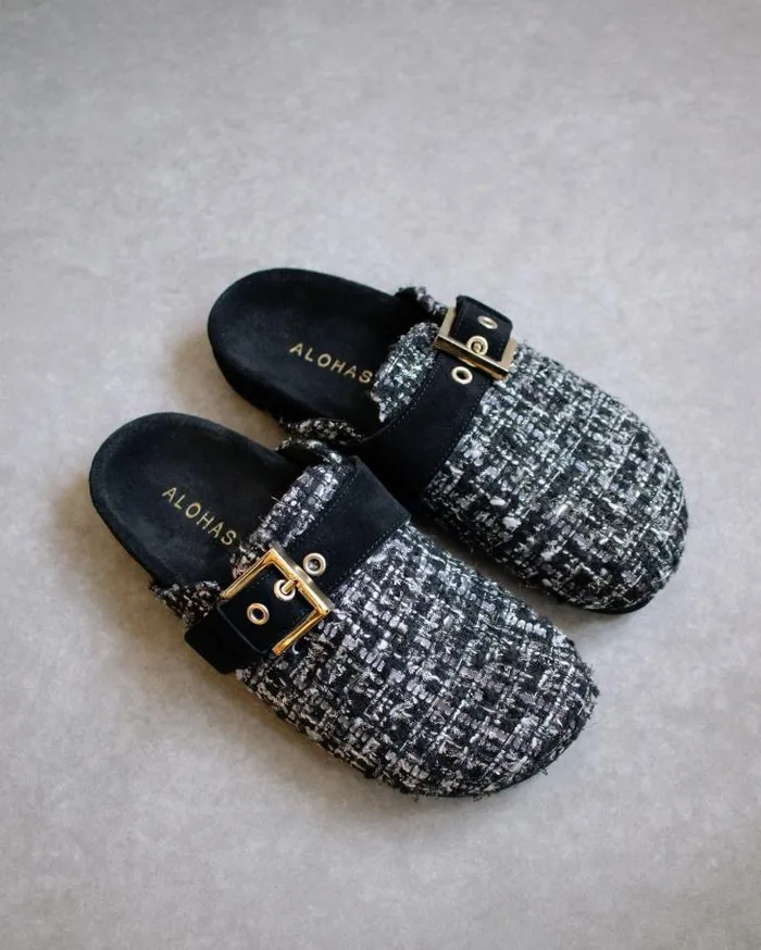 ALOHAS Clogs Women Cozy Tweed 8211 Black Leather Clogs