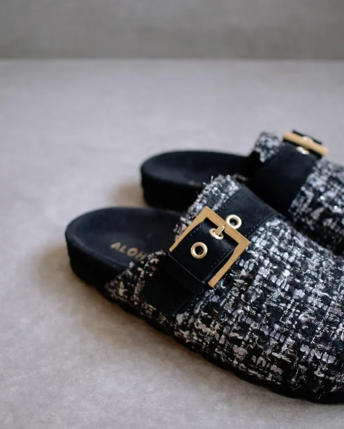 ALOHAS Clogs Women Cozy Tweed 8211 Black Leather Clogs