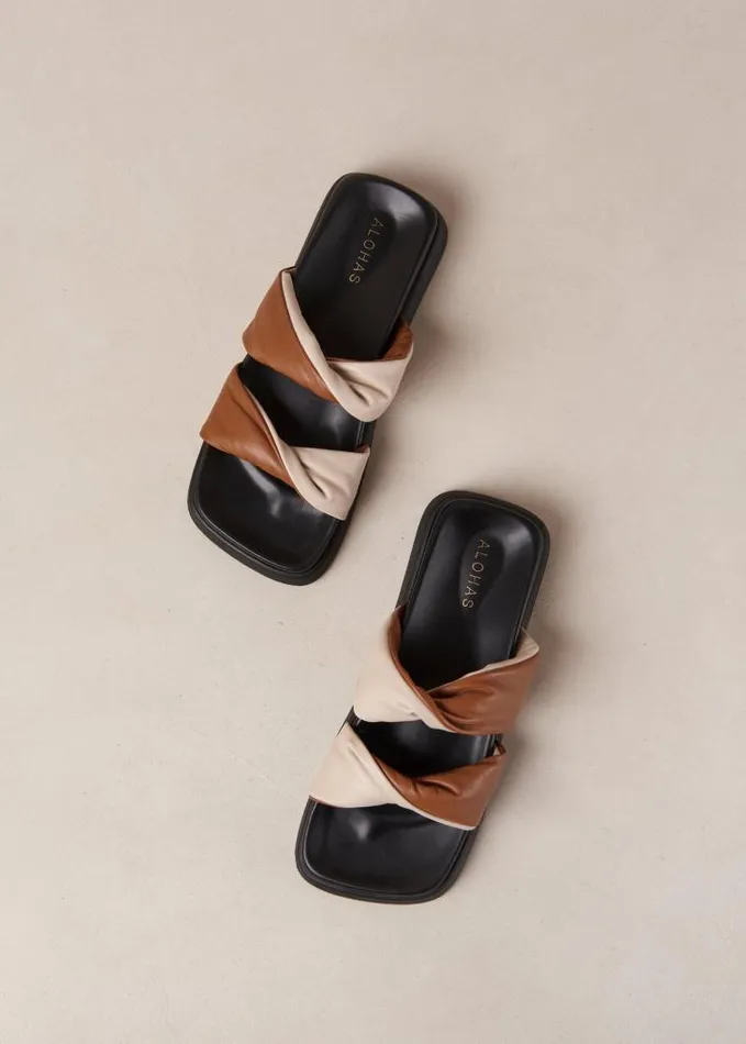 ALOHAS Mules Women Shaka Bicolor 8211 White And Brown Leather Sandals