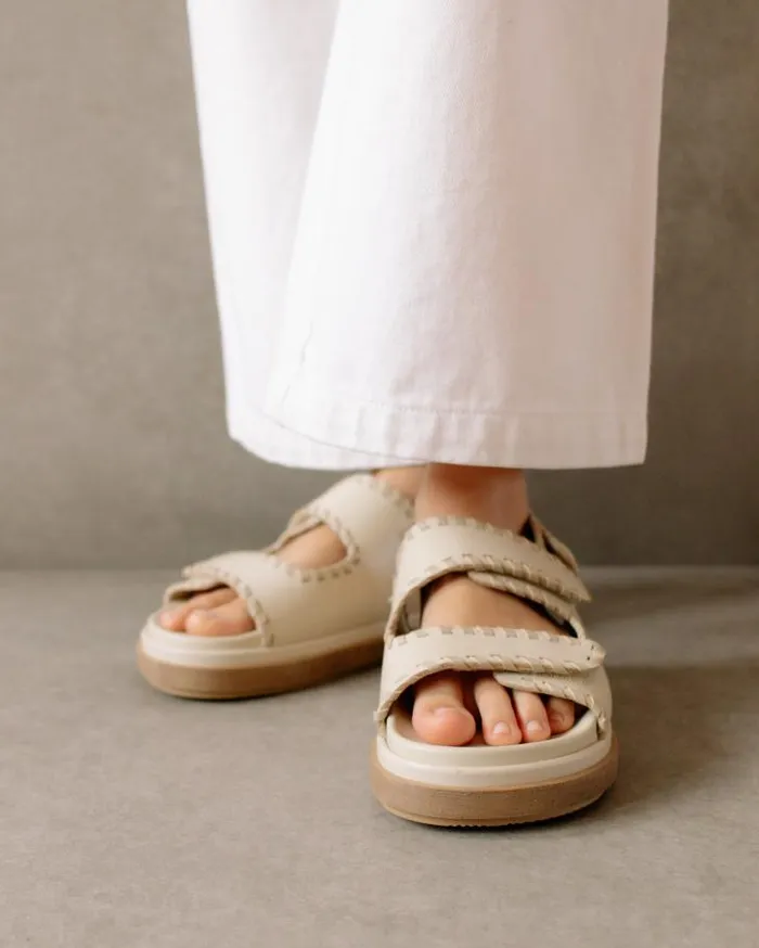 ALOHAS Sandals Women Barrel 8211 White And Beige Leather Sandals