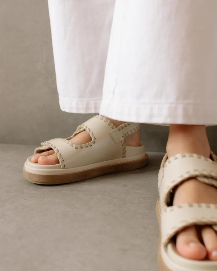 ALOHAS Sandals Women Barrel 8211 White And Beige Leather Sandals