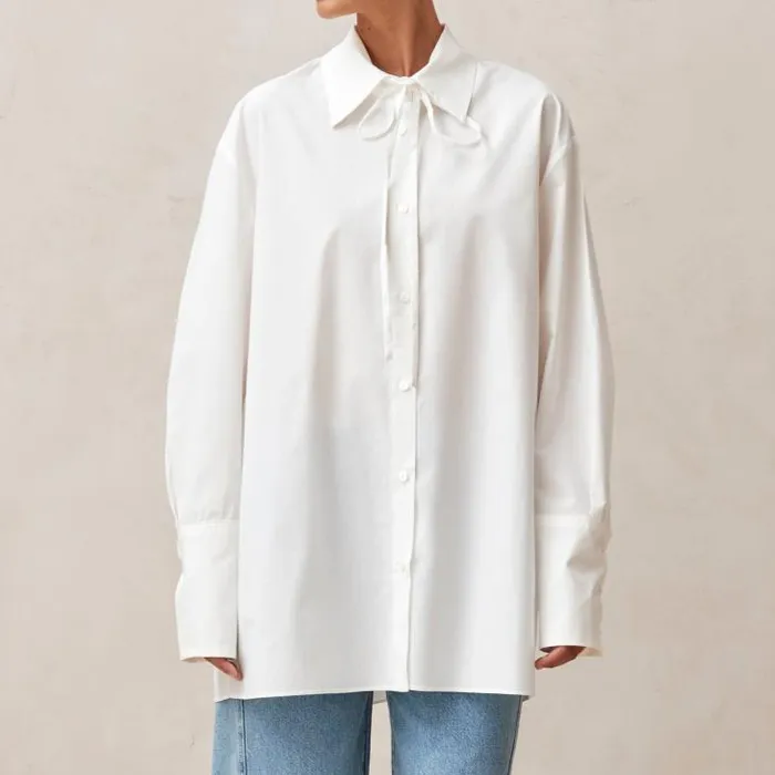 ALOHAS Shirts Women Sempe 8211 White Cotton Necktie Shirt