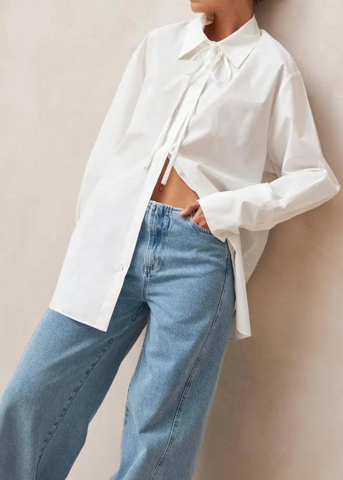 ALOHAS Shirts Women Sempe 8211 White Cotton Necktie Shirt
