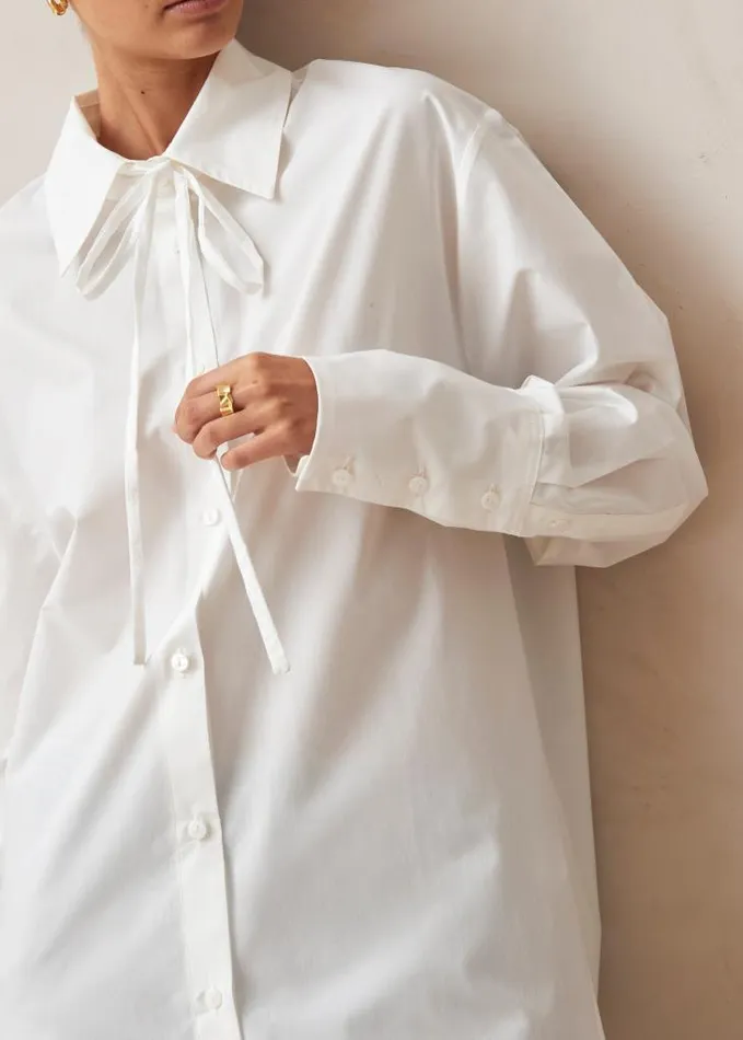 ALOHAS Shirts Women Sempe 8211 White Cotton Necktie Shirt