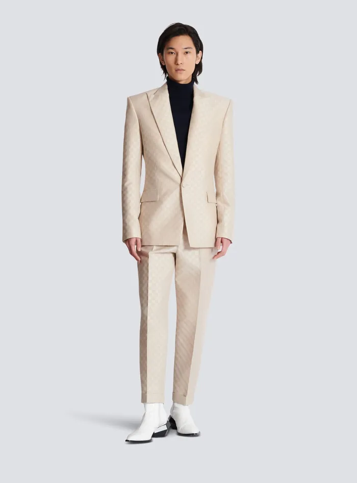 Balmain 1button Jacket In PB Labyrinth Jacquard Beige Men Jackets And Blazers