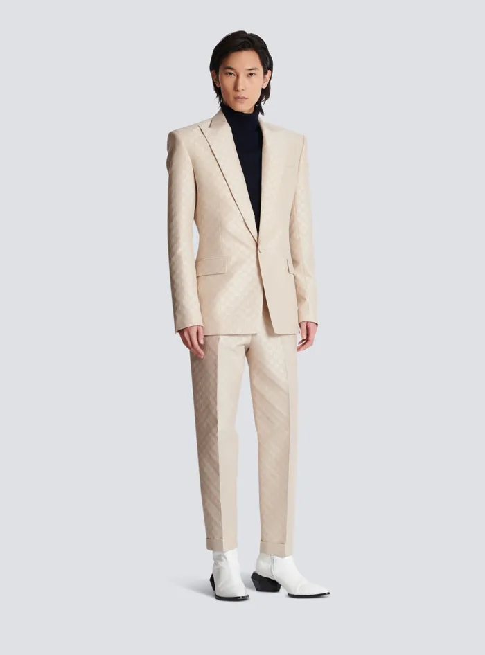 Balmain 1button Jacket In PB Labyrinth Jacquard Beige Men Jackets And Blazers