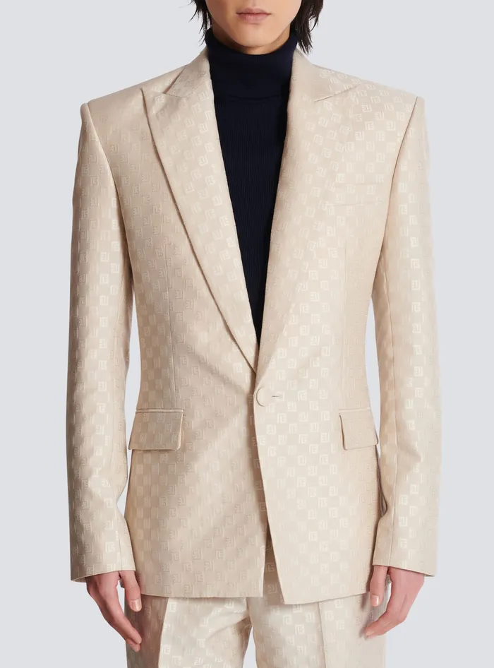 Balmain 1button Jacket In PB Labyrinth Jacquard Beige Men Jackets And Blazers