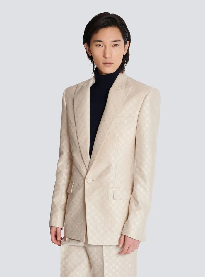 Balmain 1button Jacket In PB Labyrinth Jacquard Beige Men Jackets And Blazers