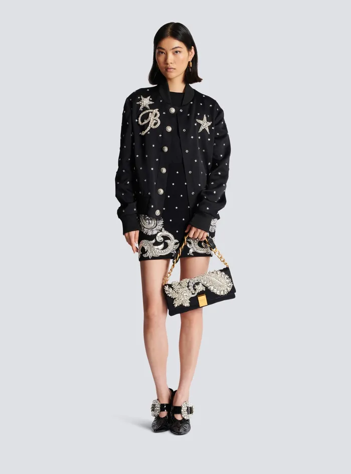 Balmain 1945 Soft Embroidered Satin Clutch Black Women Clutches