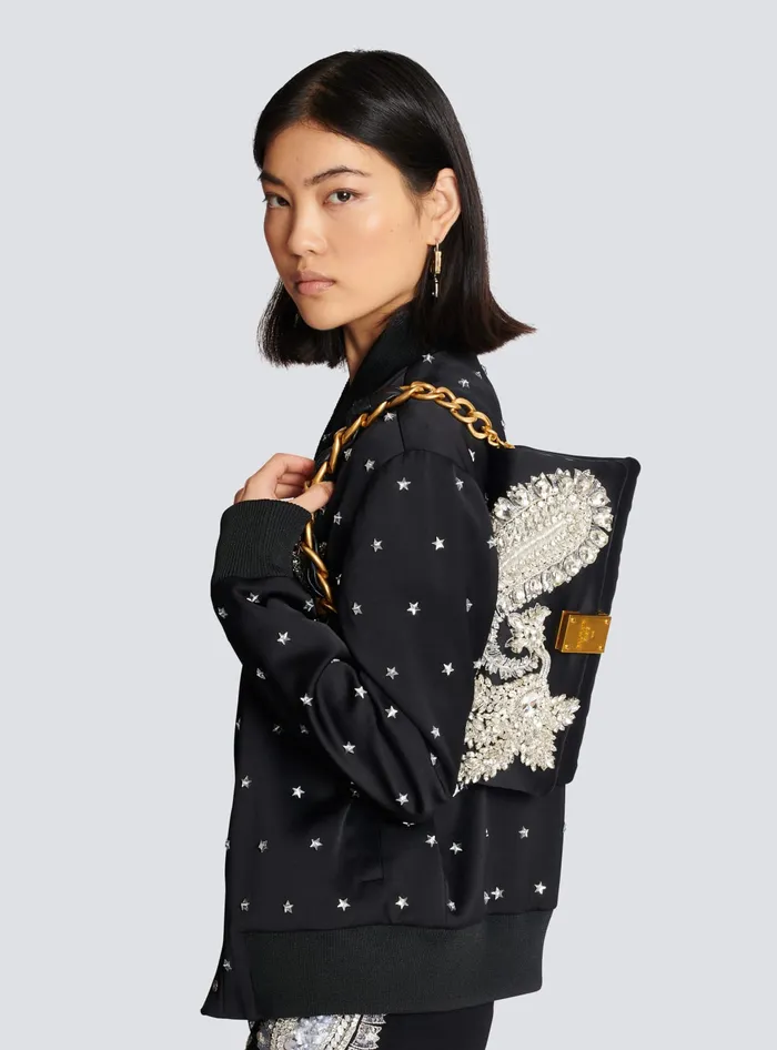 Balmain 1945 Soft Embroidered Satin Clutch Black Women Clutches