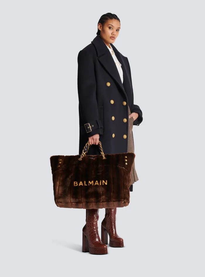 Balmain 1945 Soft Faux Fur Tote Bag Brown Women Shoulder Bags