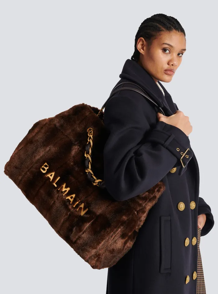 Balmain 1945 Soft Faux Fur Tote Bag Brown Women Shoulder Bags