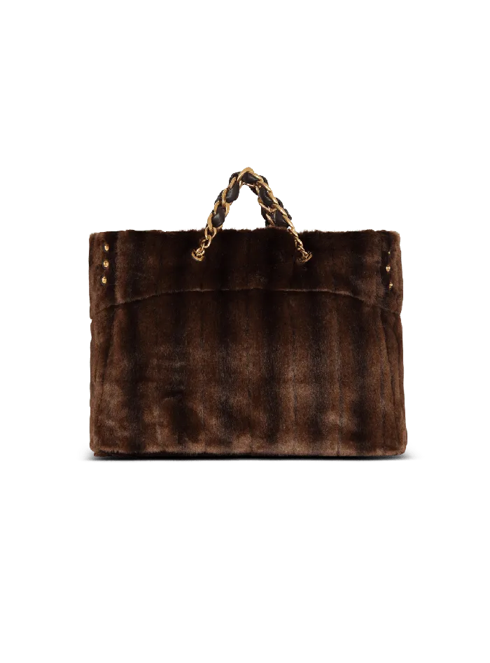 Balmain 1945 Soft Faux Fur Tote Bag Brown Women Shoulder Bags