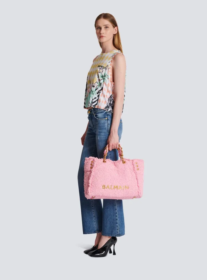 Balmain 1945 Soft Tweed Tote Bag Pink Women Shoulder Bags