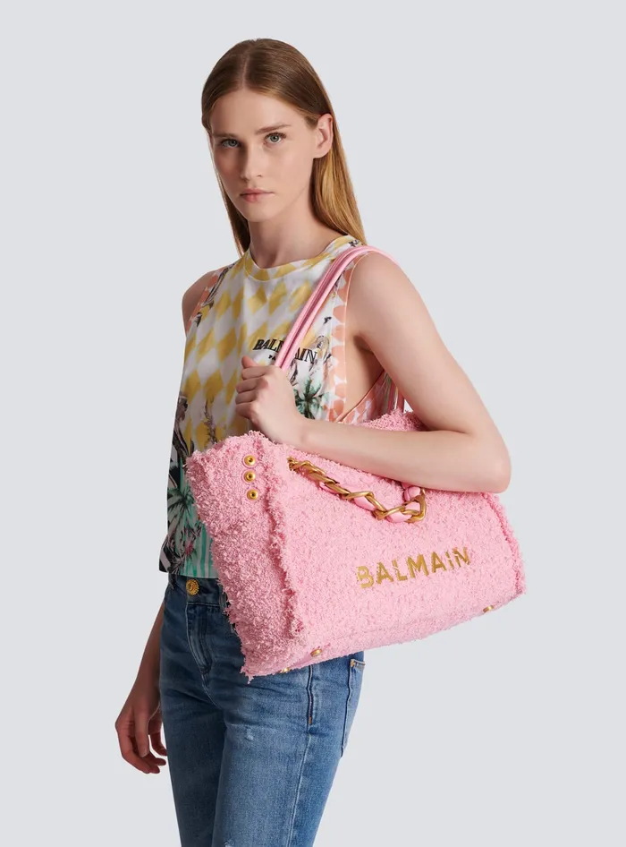 Balmain 1945 Soft Tweed Tote Bag Pink Women Shoulder Bags