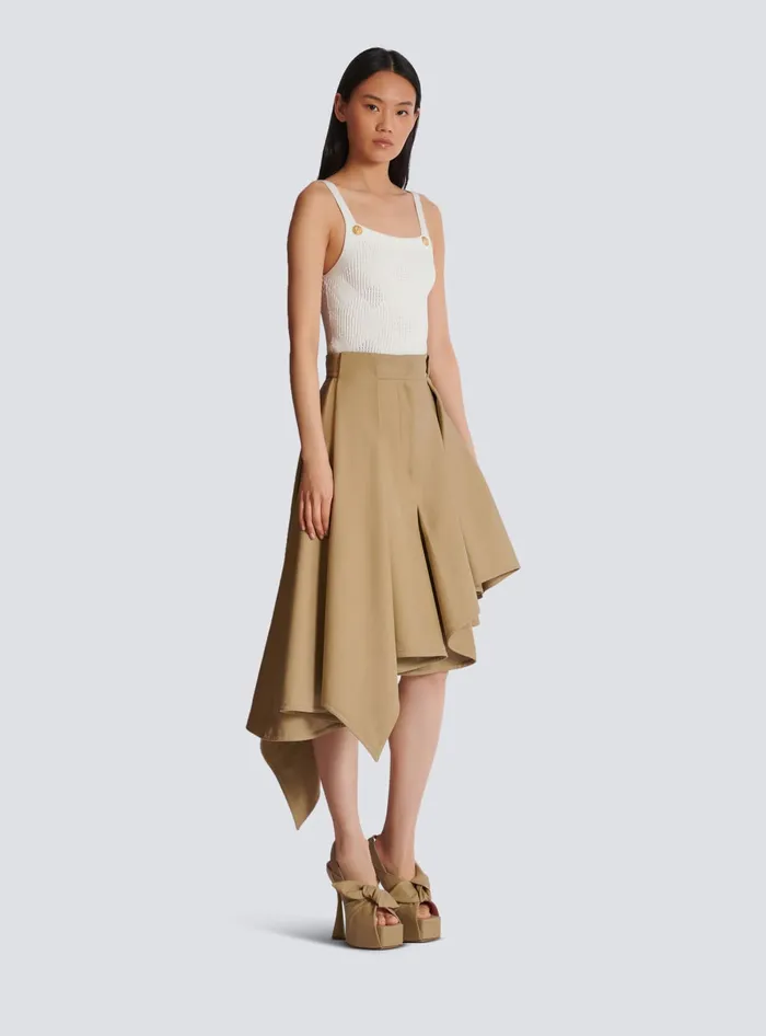 Balmain Asymmetric Pleated Cotton Skirt Beige Women Skirts