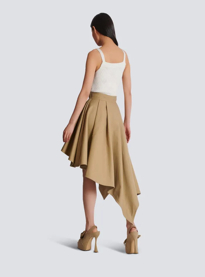 Balmain Asymmetric Pleated Cotton Skirt Beige Women Skirts