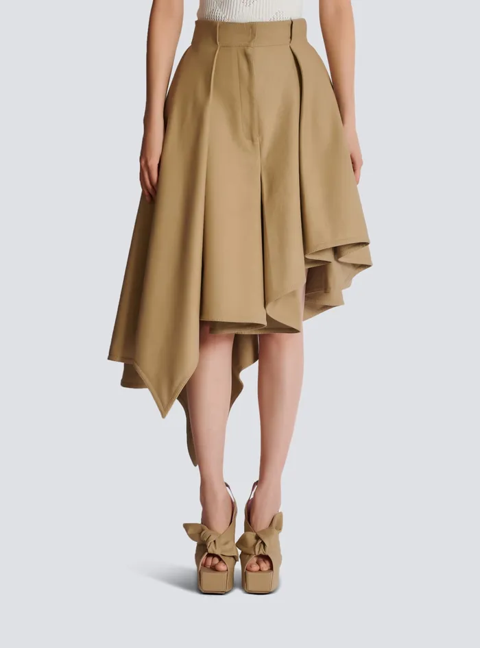 Balmain Asymmetric Pleated Cotton Skirt Beige Women Skirts