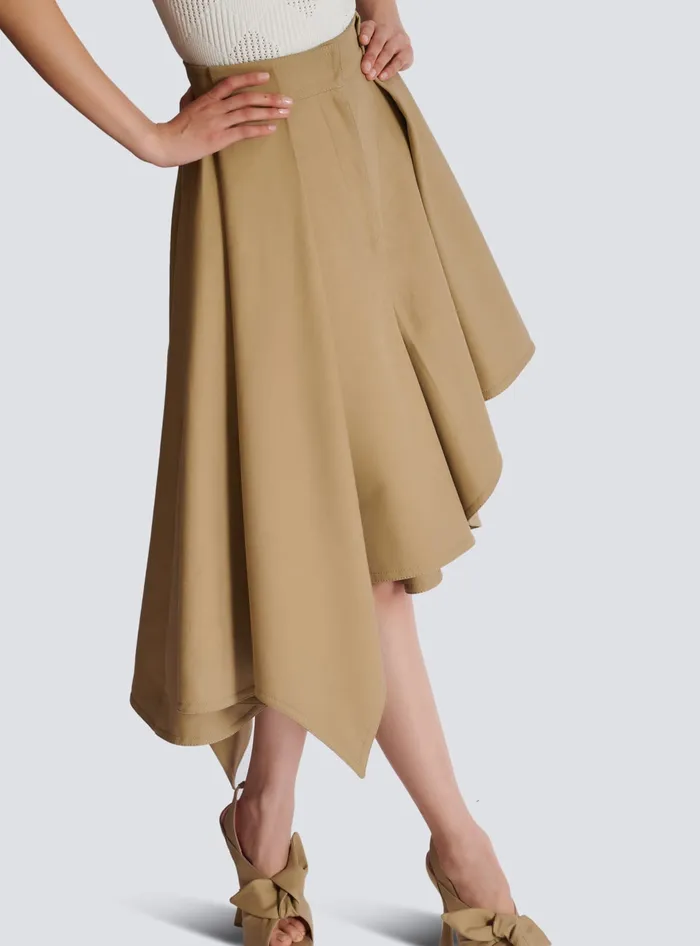 Balmain Asymmetric Pleated Cotton Skirt Beige Women Skirts