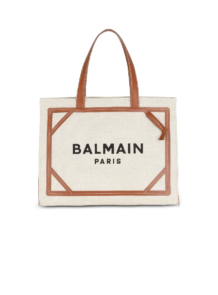 Balmain BArmy 42 Canvas Tote Bag With Leather Details Beige Women Shoulder Bags Balmain BArmy 42 Canvas Tote Bag With Leather Details Beige Women Shoulder Bags