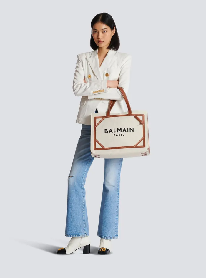 Balmain BArmy 42 Canvas Tote Bag With Leather Details Beige Women Shoulder Bags