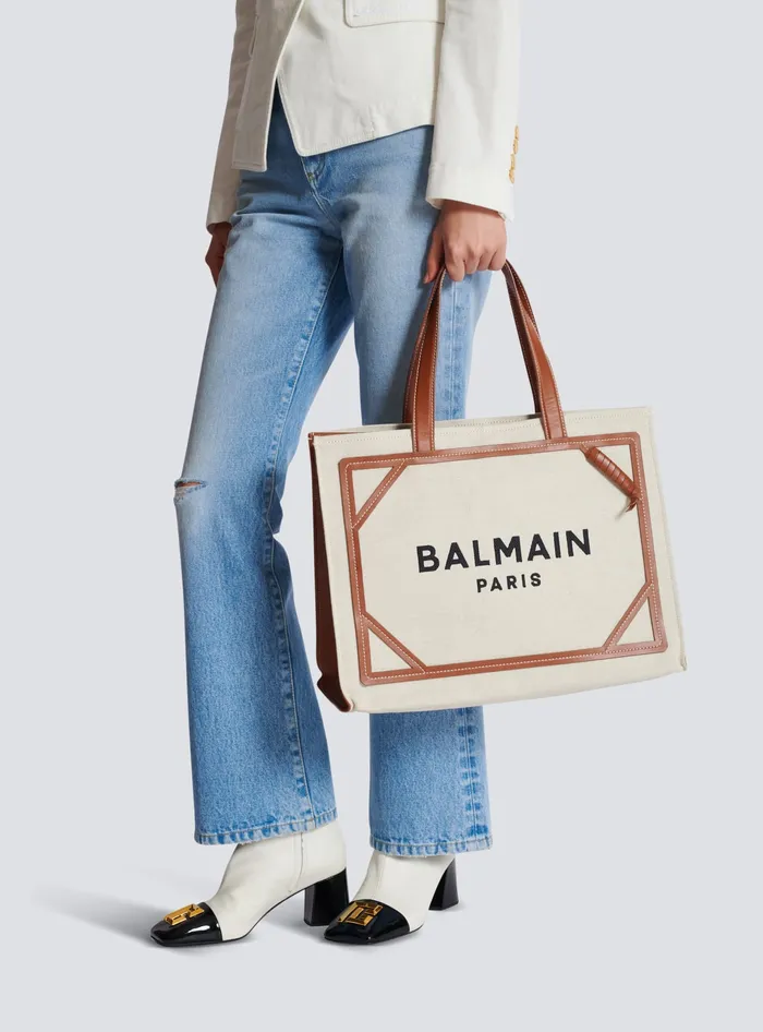 Balmain BArmy 42 Canvas Tote Bag With Leather Details Beige Women Shoulder Bags
