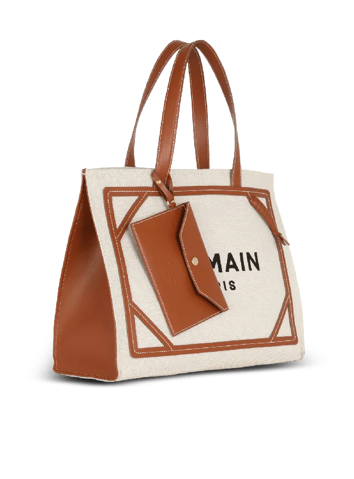 Balmain BArmy 42 Canvas Tote Bag With Leather Details Beige Women Shoulder Bags