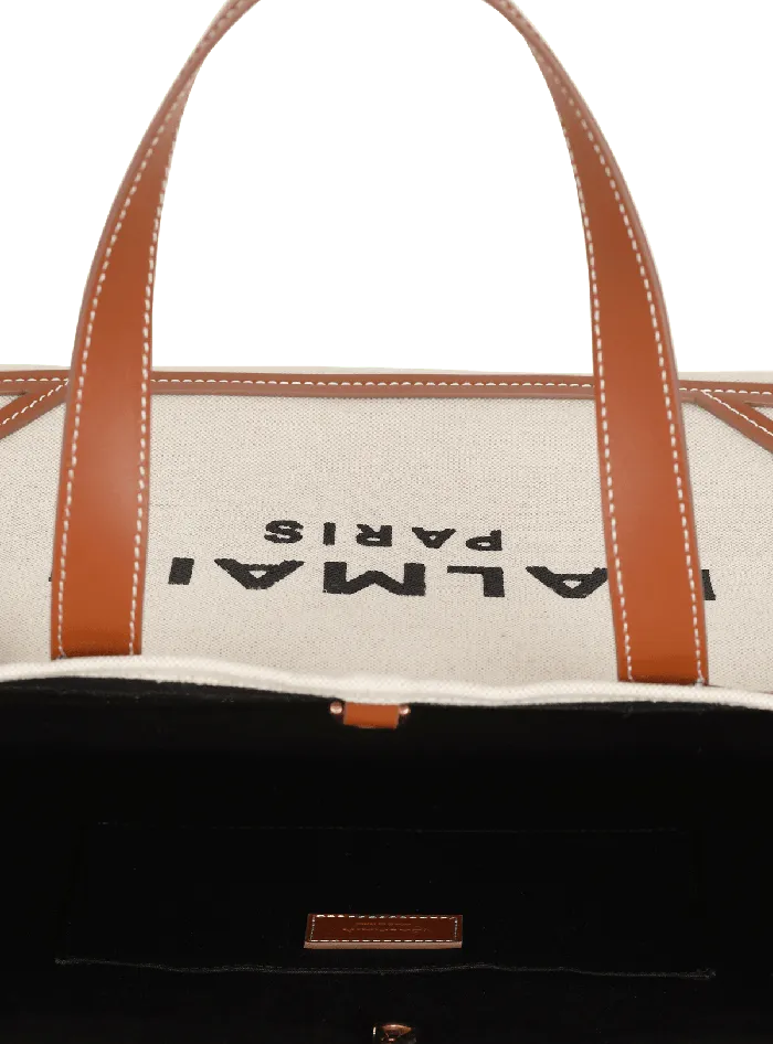 Balmain BArmy 42 Canvas Tote Bag With Leather Details Beige Women Shoulder Bags