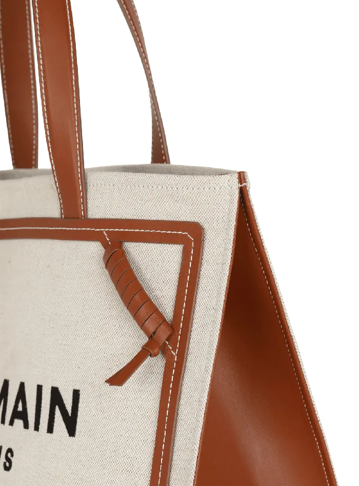 Balmain BArmy 42 Canvas Tote Bag With Leather Details Beige Women Shoulder Bags