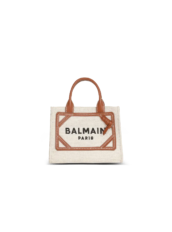 Balmain BArmy Mini Canvas Shopping Bag With Leather Inserts Brown Women Handbags Balmain BArmy Mini Canvas Shopping Bag With Leather Inserts Brown Women Handbags