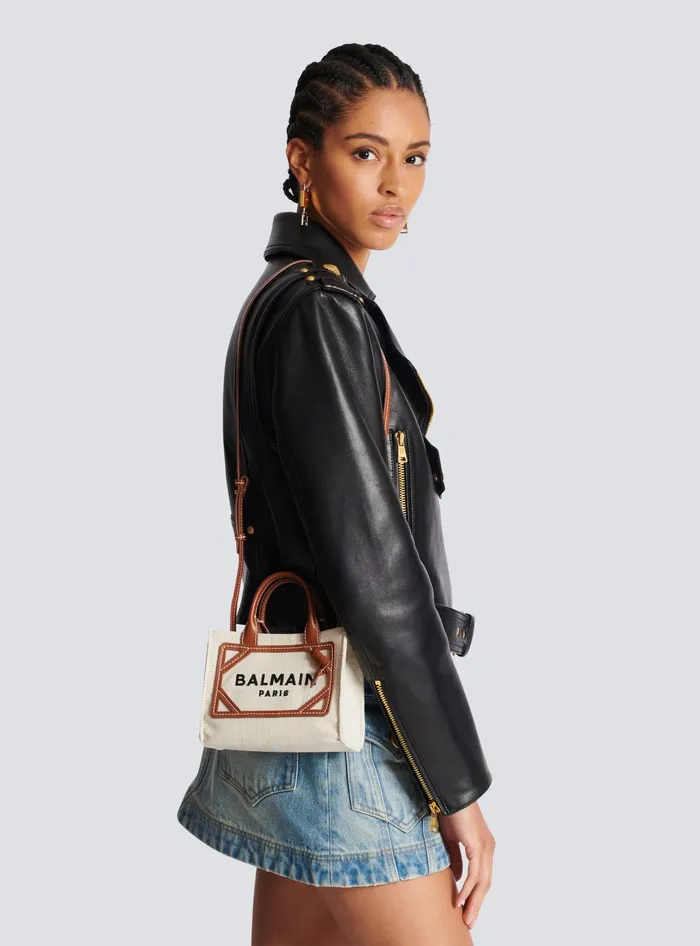 Balmain BArmy Mini Canvas Shopping Bag With Leather Inserts Brown Women Handbags