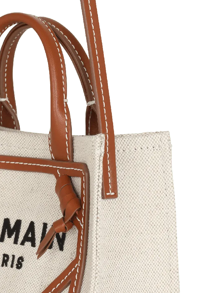 Balmain BArmy Mini Canvas Shopping Bag With Leather Inserts Brown Women Handbags