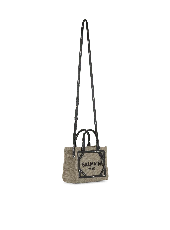 Balmain BArmy Mini Canvas Shopping Bag With Leather Inserts Khaki Women Handbags