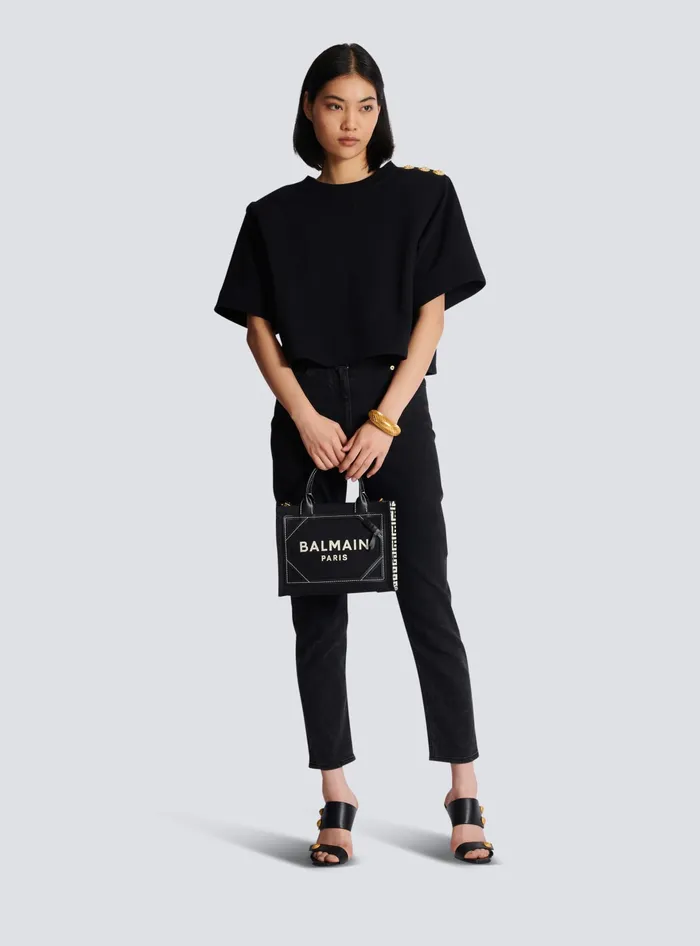 Balmain BArmy Tote Bag In Monogrammed Canvas And Leather Black Women Handbags