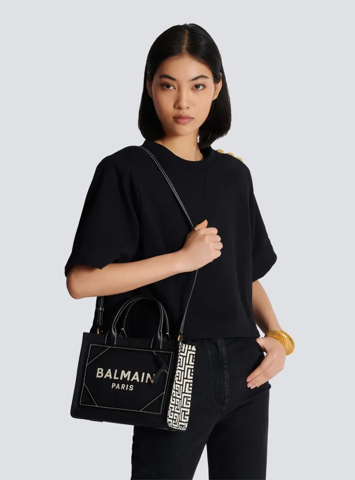 Balmain BArmy Tote Bag In Monogrammed Canvas And Leather Black Women Handbags