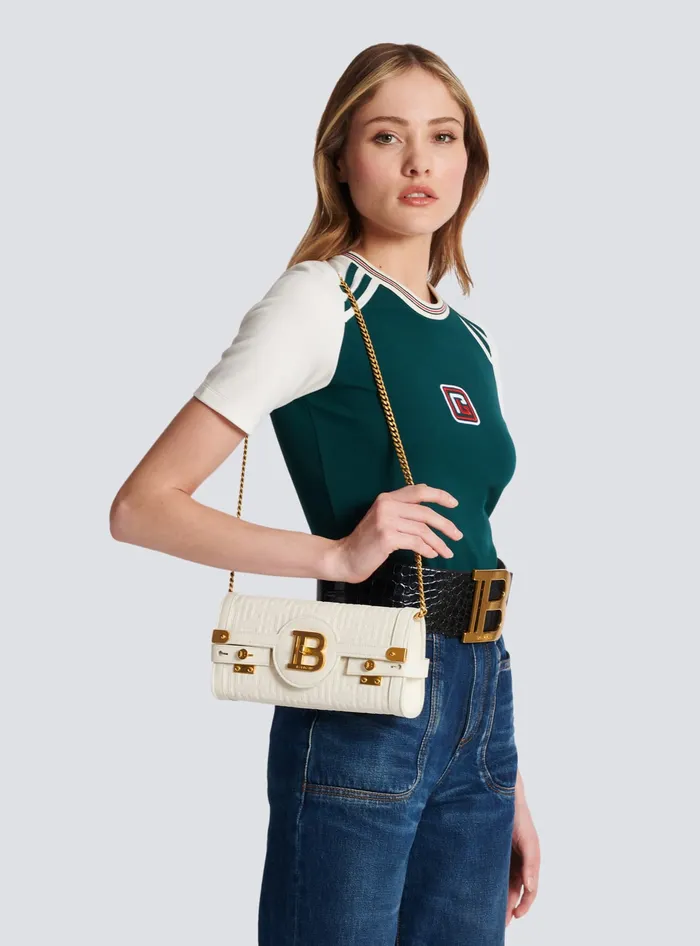 Balmain BBuzz 23 Monogrammed Grained Leather Clutch Beige Women Crossbody Bags