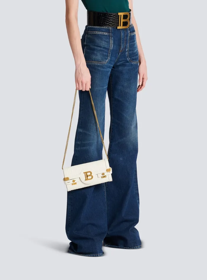 Balmain BBuzz 23 Monogrammed Grained Leather Clutch Beige Women Crossbody Bags