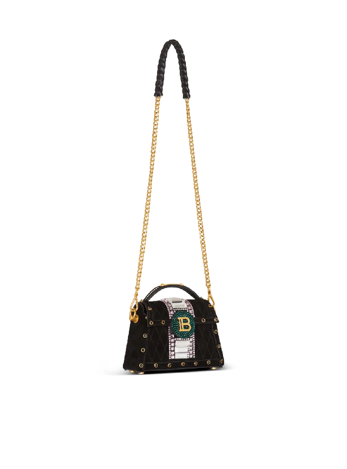 Balmain BBuzz Dynasty Small Suede Bag With Embroidery Black Women Handbags