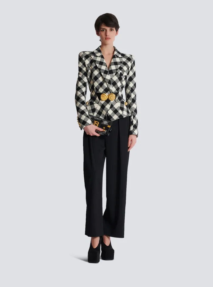 Balmain BBuzz Pouch 23 With Gingham Sequins And Patent Leather Black Women Clutches